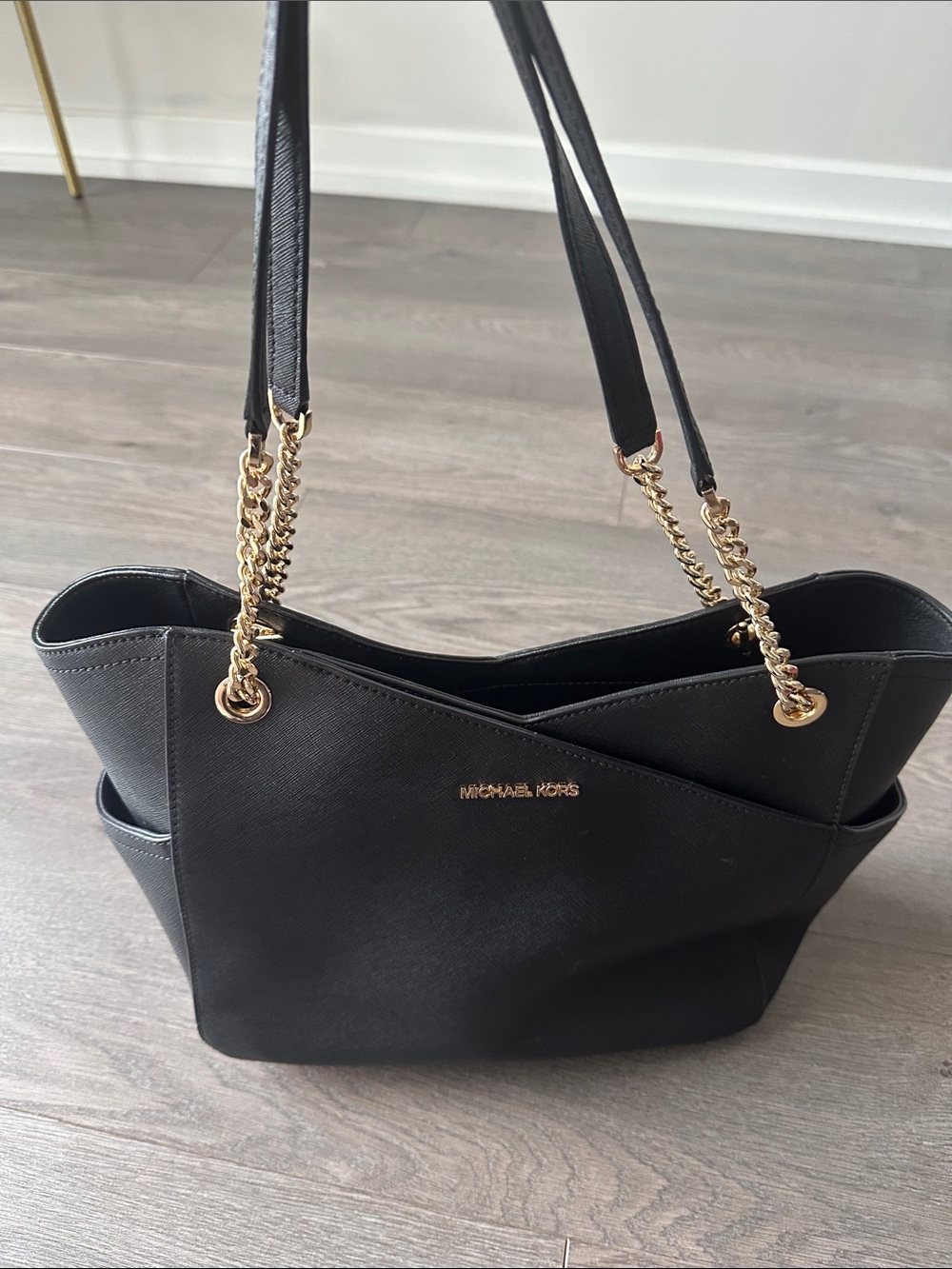 Michael Kors Black Leather Tote with Gold Chain Straps